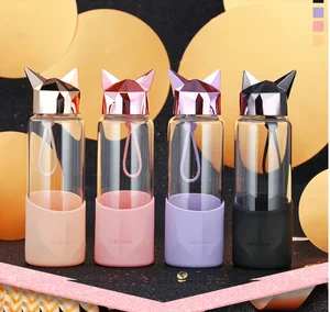 Image of 350ml Fox Design Drinking Borosilicate Glass crystal Water Bottle with silicon sleeve