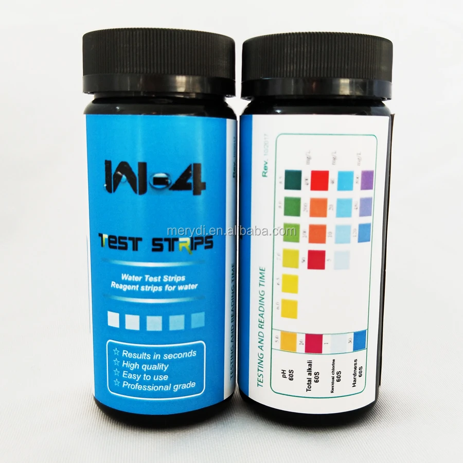 

Water test strips 4 parameters Pool water test Residual Chlorine Hardness pH Total Alkali Pool and Spa Test Strips, White