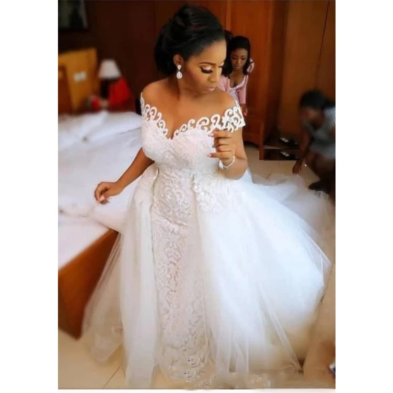 

African Nigerian Mermaid Wedding Dress With Detachable Train Lace Up Design Short Sleeve Bridal Gowns Dresses, White/ivory