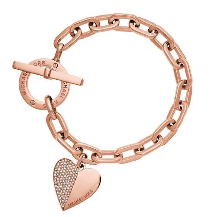 

Fashion three colors available Ladies Logo chain stainless steel bracelet with diamond heart charm, Sliver/rose gold/goldor customized
