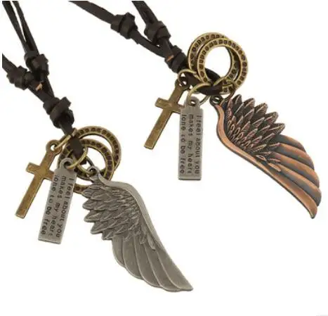 

2018 New Product Leather Engraved Alloy Angel Wings Pendant Real Leather Mens Necklace