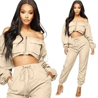 

Women zip up off the shoulder long sleeve short crop top and pants suits two pieces set sporting tracksuit outfit Y10891