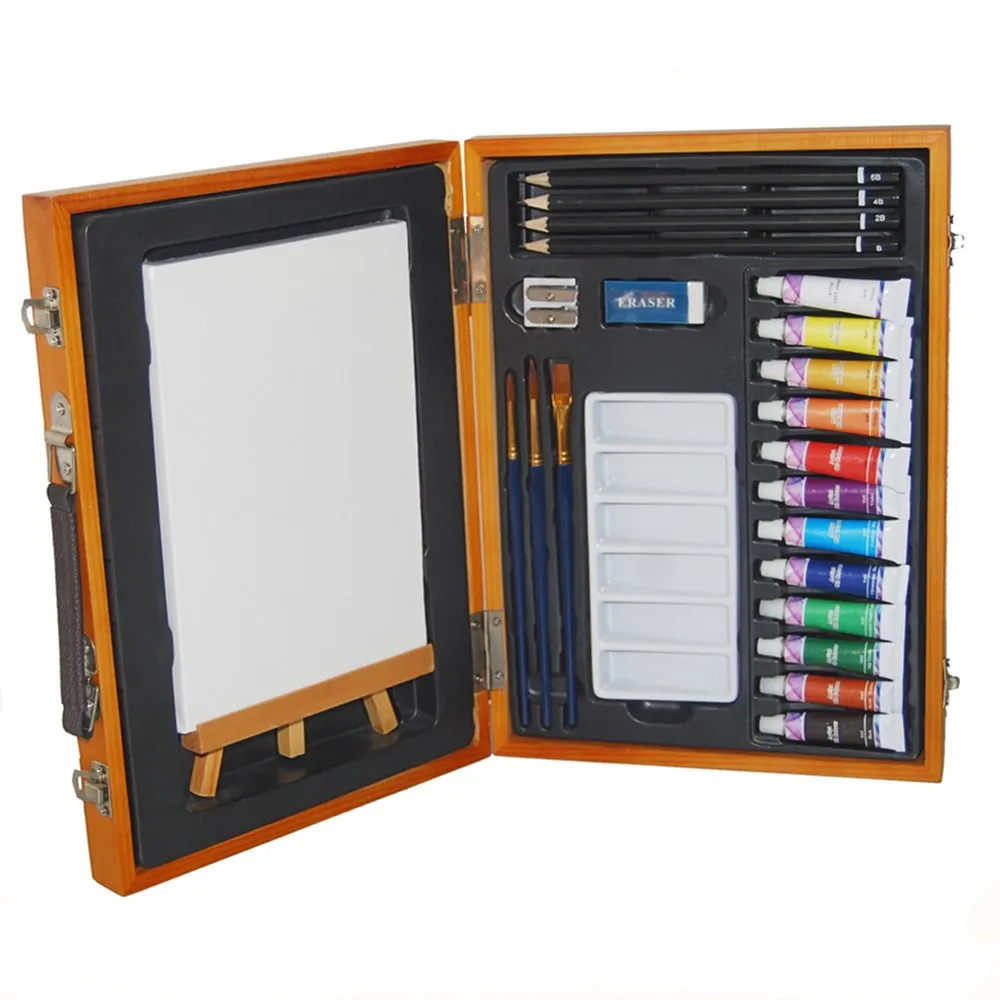 25piece Deluxe Oil Painting & Drawing Wooden Case Portable Gift Art