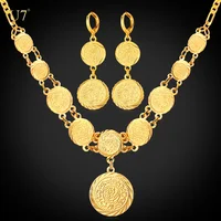 

U7 Ethiopian Jewelry Dubai Gold Plated necklace earrings set For Women Gift Antique gold Coin jewelry sets