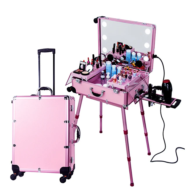 

Yaeshii Led Aluminum Mirror Lighting Rolling Makeup Box Case With Light Stand, Pink/black
