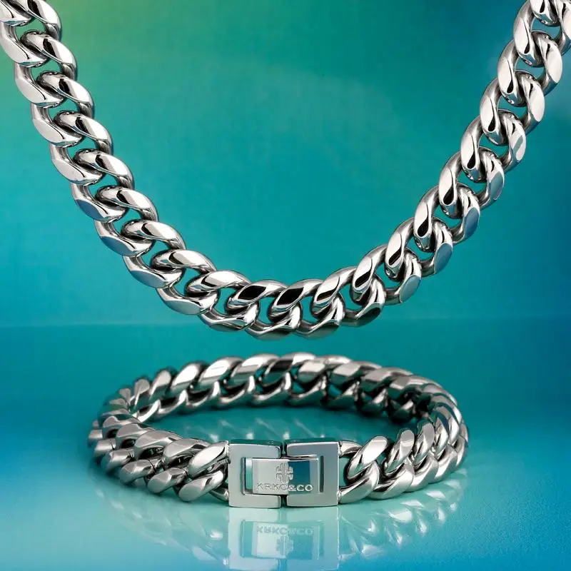 

KRKC&CO 10mm Hip Hop Set Jewelri 18inch Miami Cuban Chain Stainless Steel Link and 8.5inch Miami Link Bracelet Set, 18k gold color