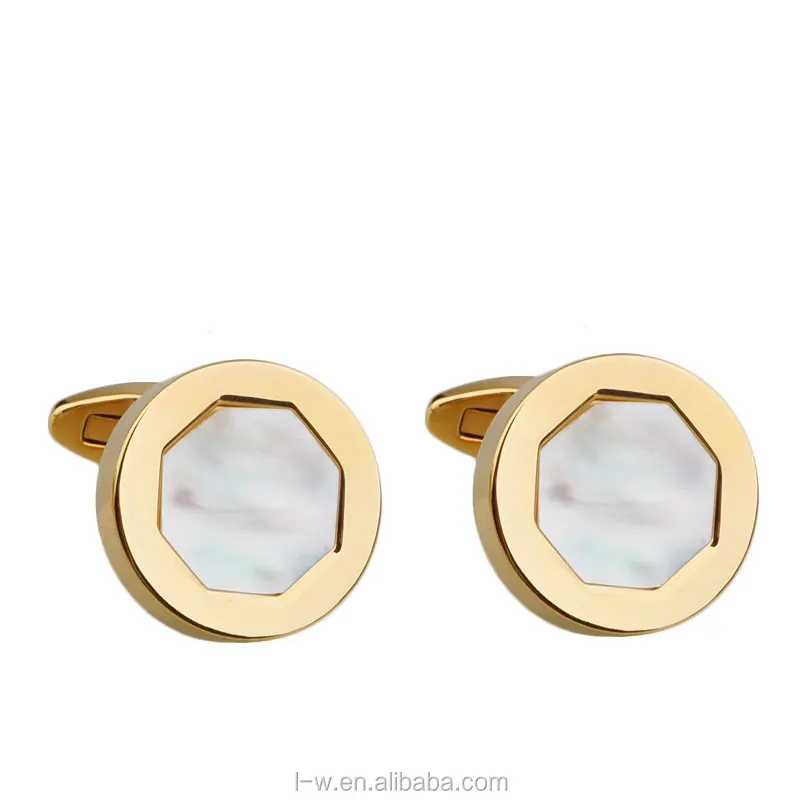 

Best Price New Condition Simple Gold Plated Bezel White Shell Cufflinks