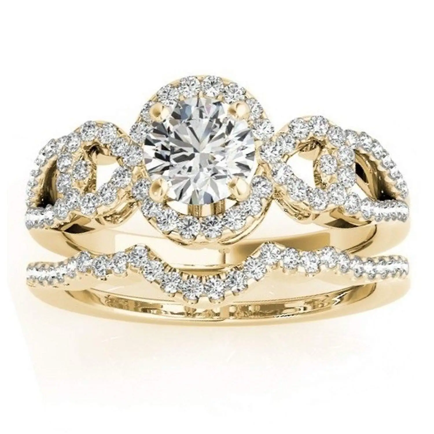Halo Diamond Engagement Ring Setting and Contour Wedding Band Bridal Set in 14k Yellow Gold 0.50ct