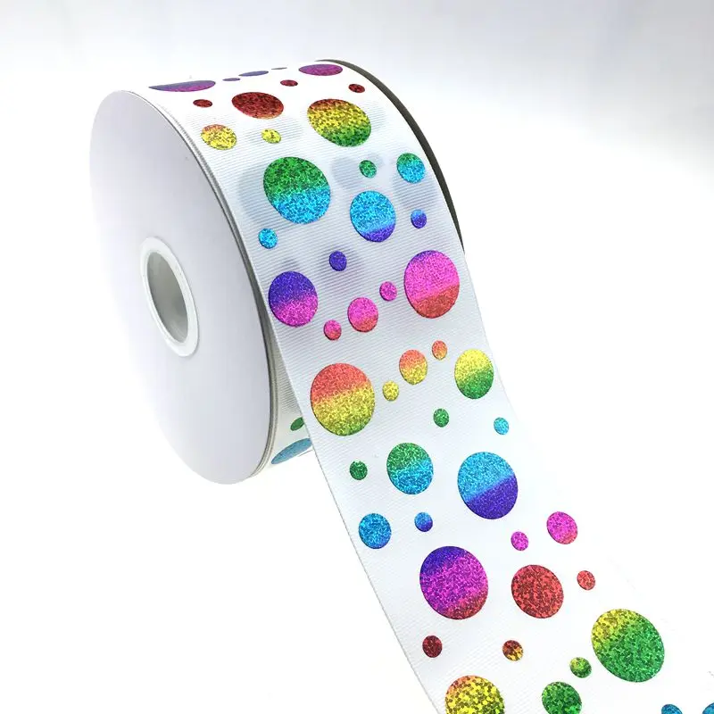 

whole sale 3"  BOCA rainbow dots printed holographic grosgrain ribbon , DIY handmade material 100Yards, 196 colors