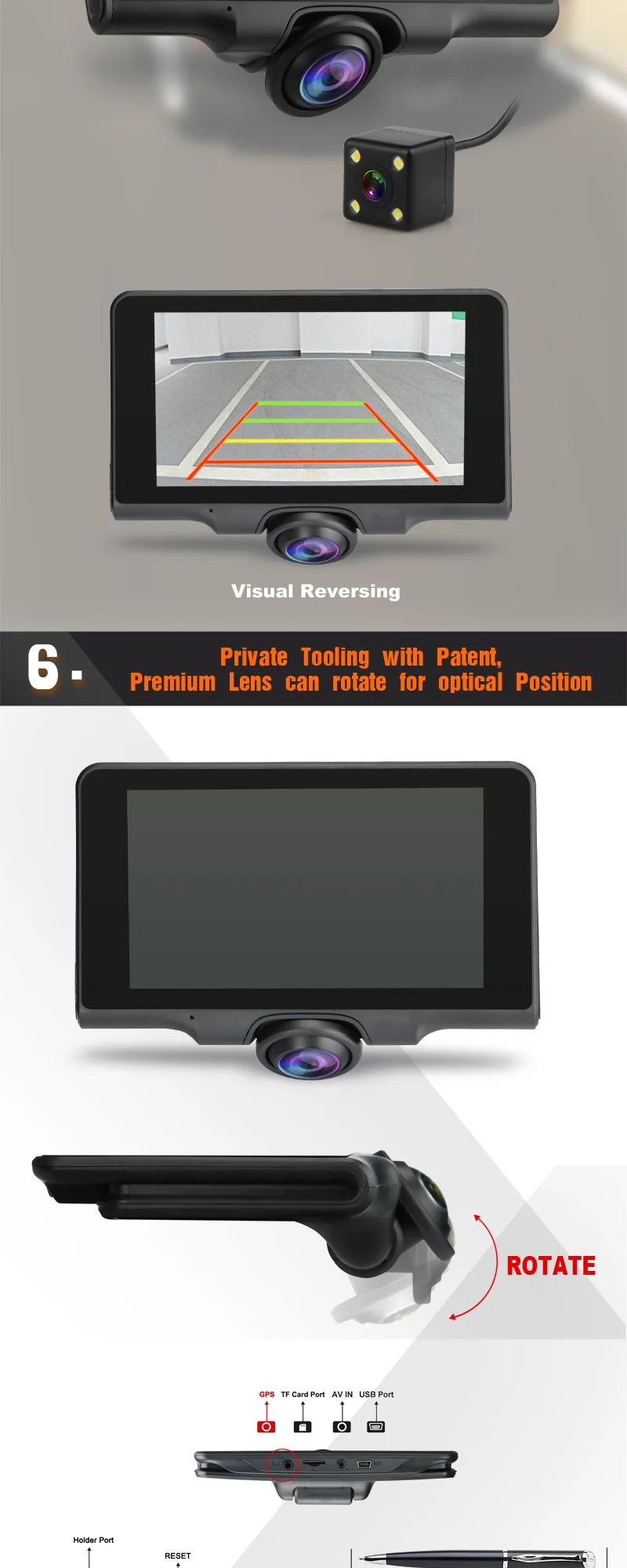 5.0'' IPS touch screen Panoramic car DVRs with GPS Tracking user manual fhd 1080p car camera dvr video record
