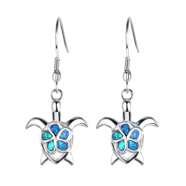 

Fashion long hanging metal blue turtle shape opal animal pendant earrings