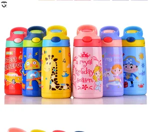 400ml insulated double wall vaccum  stainless steel kids school cartoon children straw water bottle for kids