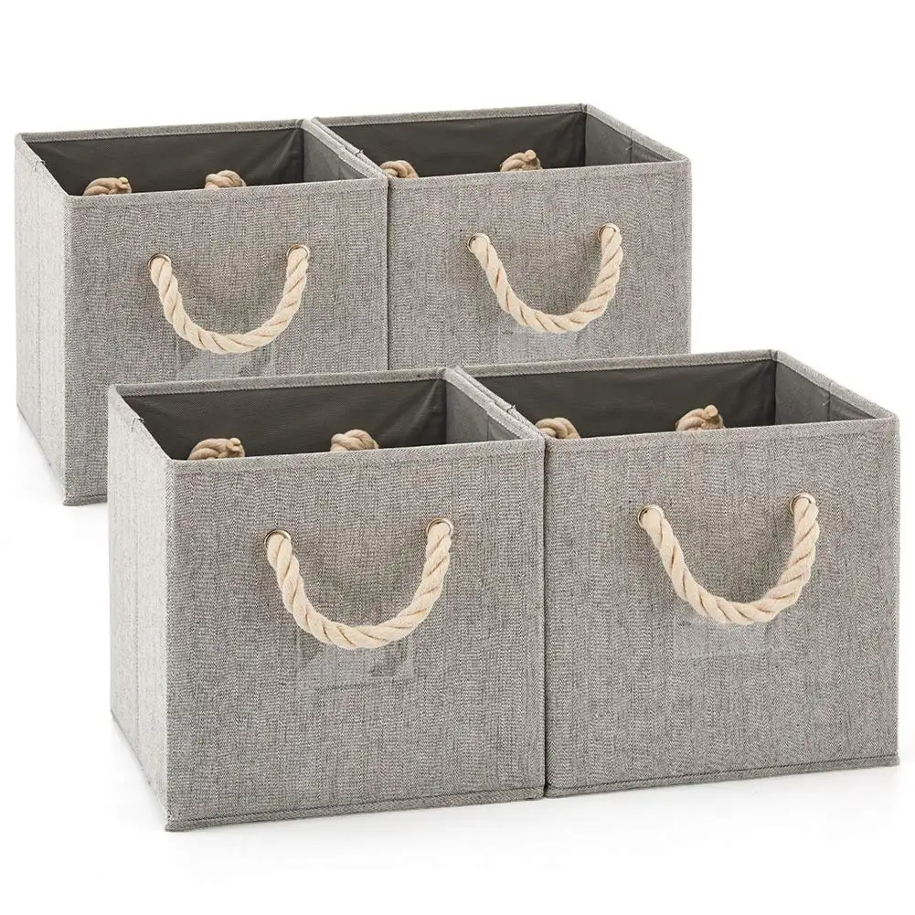 Best Set Of 4 Grey Foldable Bamboo Fabric Storage Bin With Cotton Rope