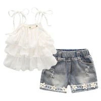 

Mudkingdom Jeans White Flower Summer Shoulder Spaghetti Falbala Baby Girl Clothes Two Piece Sets