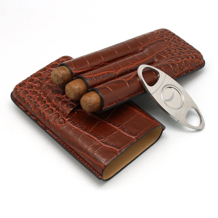 

Croco Leather Simple Design alligators Cigar case for travel 3 finger cigars with cutter holder, Brown croco