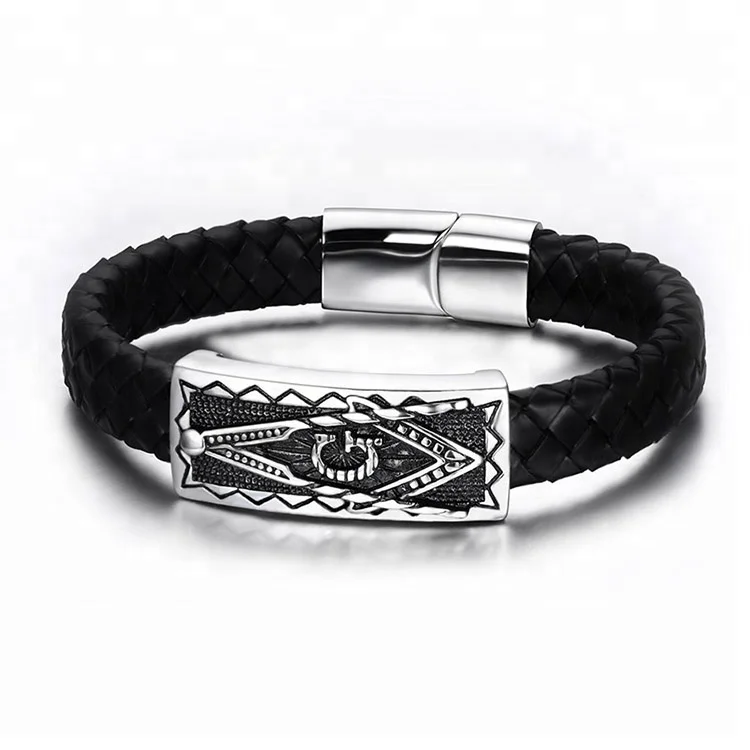 

Hot Selling Wholesale Mens 316L Stainless Steel Masonic Genuine Leather Bracelets, Black