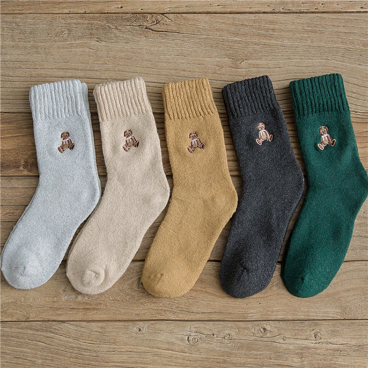 

Wholesale Winter Embroidered Bear Thick Wool Men&Women Cashmere Breathable Warm Fuzzy Solid Colour Socks, As shown