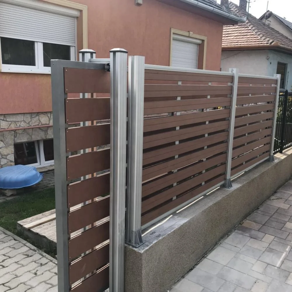 

New design wpc coextrusion garden fence with electric driveway gate electronic sliding door, Teak, coffee, dark grey