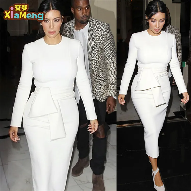 

new style spring long sleeve women career dress, White