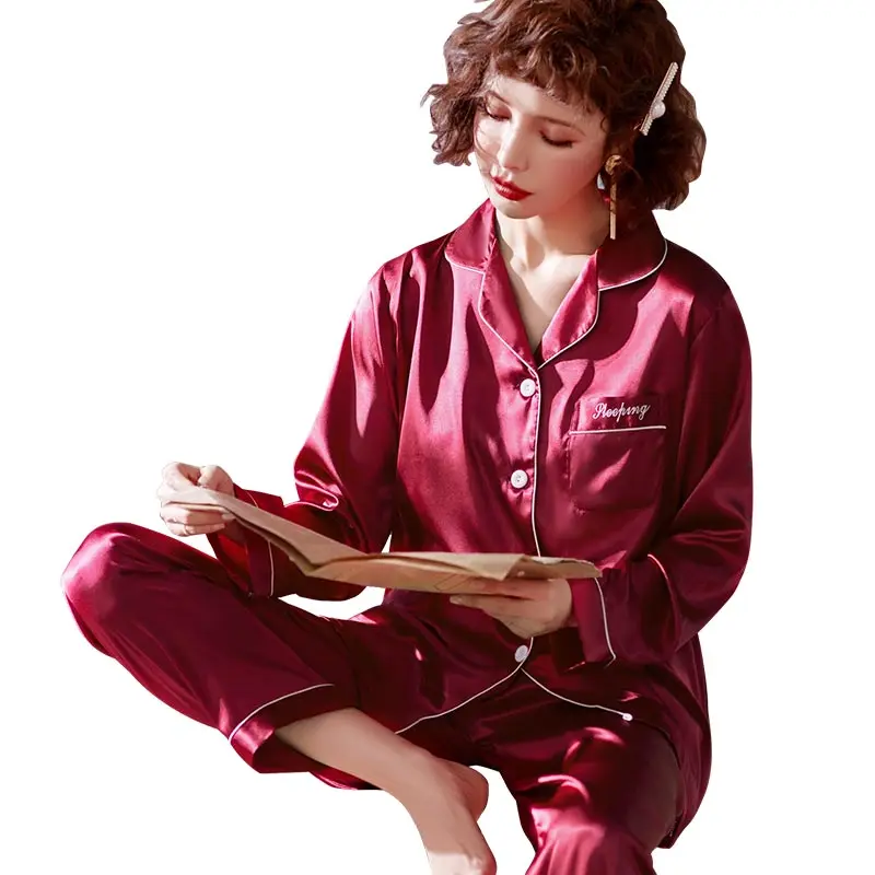 

silk pajamas women Lapel long sleeve pajamas set for women satin pajamas
