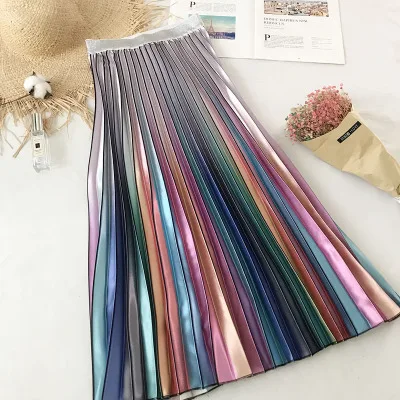 

Women 2019 Hot Sell Rainbow Gradient Satin Pleated Fashion A-Line Skirt Coldker