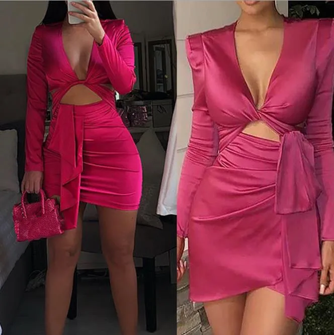 

Free shipping new model autumn women clothing hollow out long sleeve sexy slim dress for female, Pink;black;rose red;blue