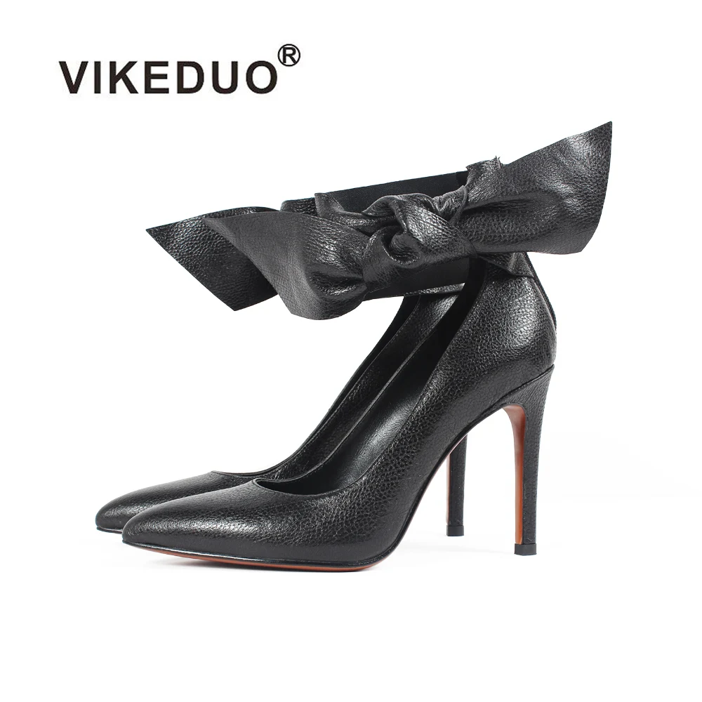 

VIKEDUO Hand Made Calfskin Women Stiletto Big Bowknot Bulk Wholesale Shoes High Heels For Fashion Lady