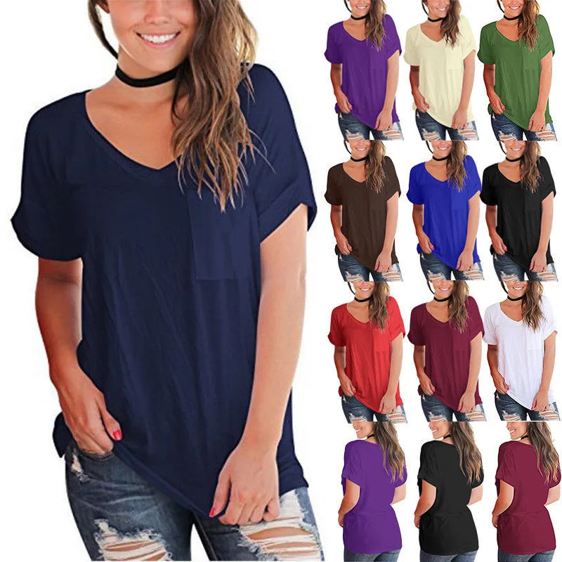 

2019 New Design V-neck pocket short-sleeved loose solid color women's T-shirt plus size blouse, 10 color