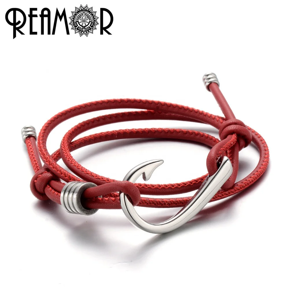 

REAMOR Stainless Steel Jewelry Silver Anchor Fish Hook Adjustable Bracelet Mens Leather Bracelet for Man