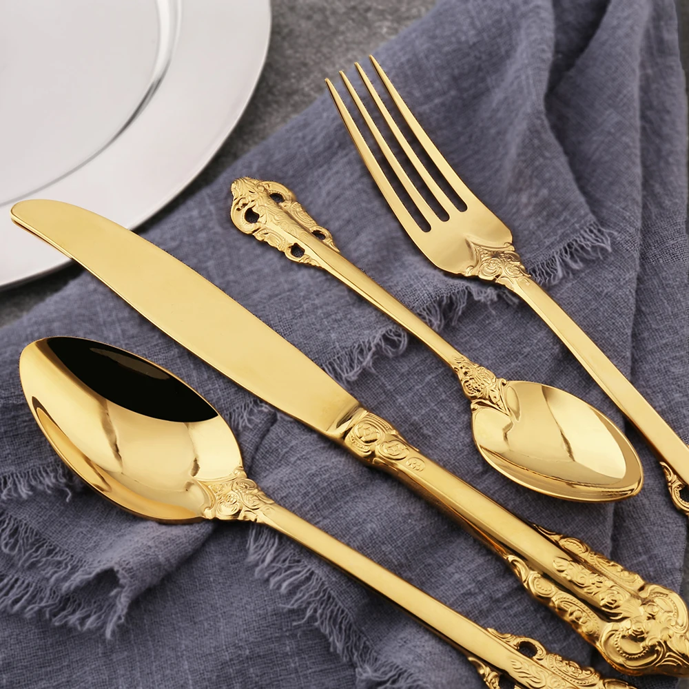 

Dubai Stainless Steel Flatware Knife And Fork Palace Luxury Gold Cutlery Set With Carved Handle