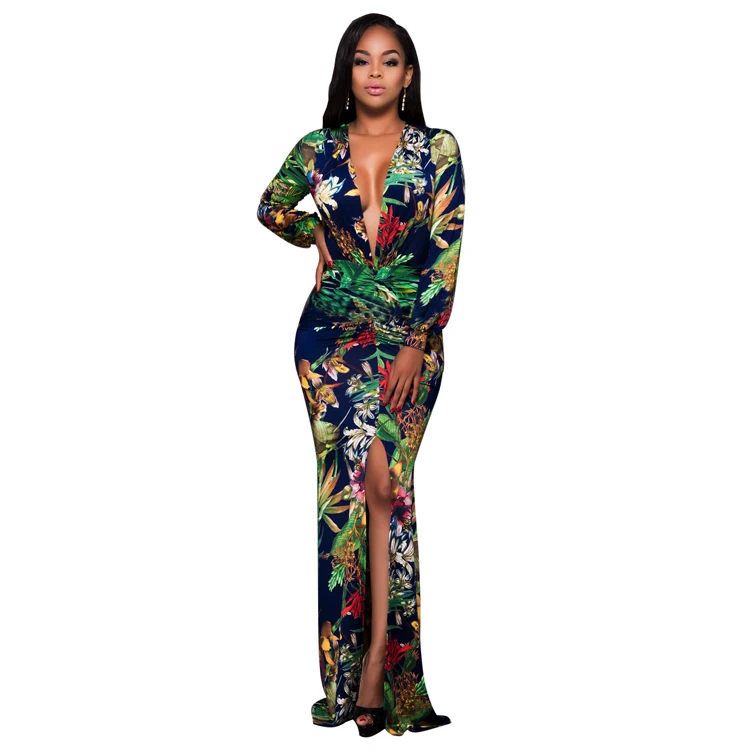 

2019 spring womens clothing sexy deep v neck front split long sleeve maxi dresses, Floral