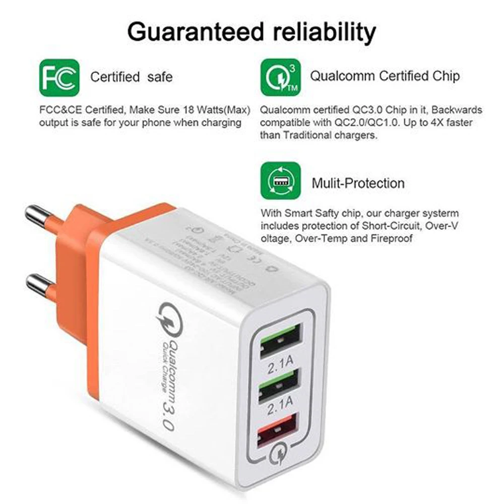Universal Usb Charger 3 Port Quick Fast Charge Travel Adapter Wall