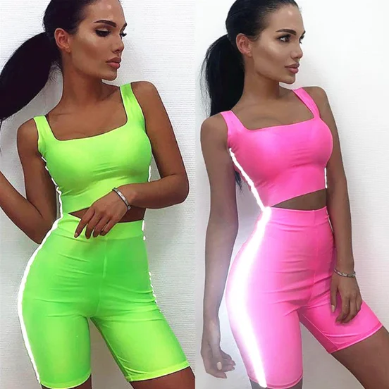 
Side Stripe Reflective Set Sexy Women Two Piece Outfits Crop Top and Biker Shorts Club Neon Matching Sets 