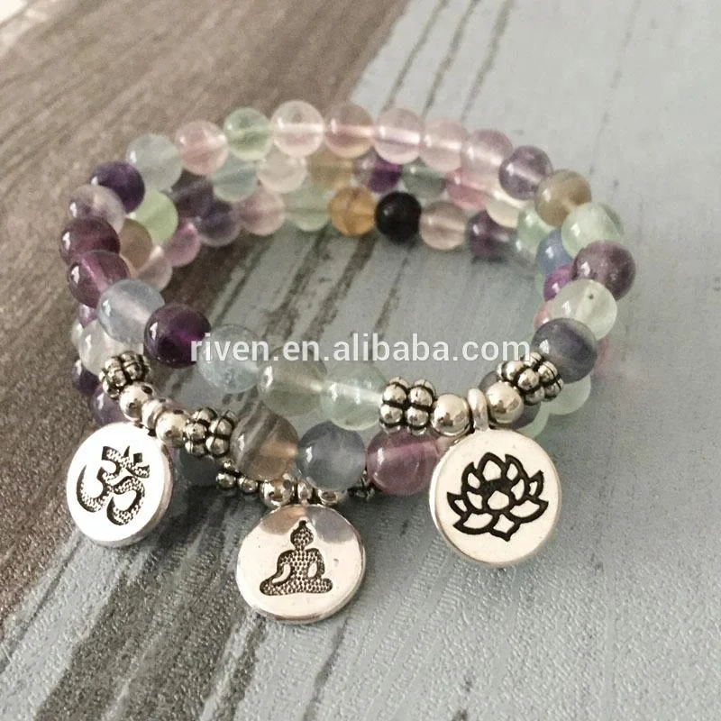 

SN1036 Womens Mala Yoga Bracelet Healing Crystals stretch Natural Fluorite with Lotus Charms Bracelet, As picture