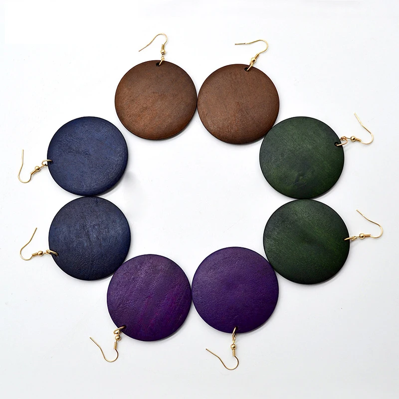 

Personalized Simple Round Boho Wooden Earrings, Multicolor