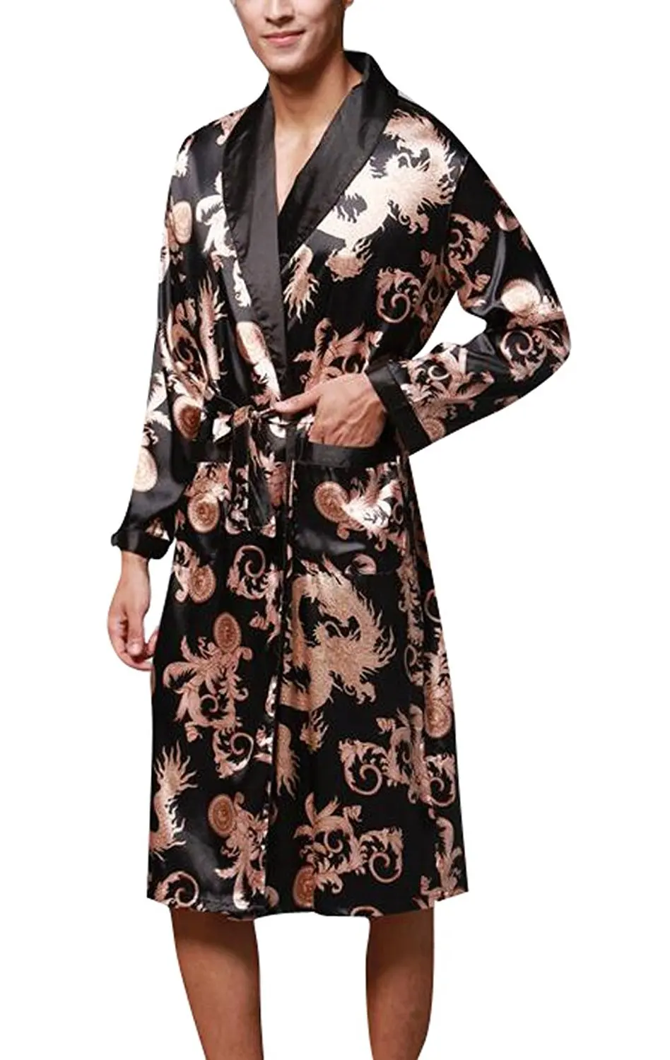 M/&S/&W Satin Robe Bathrobe Men/’s Shawl Collar Kimono Print Sleepwear