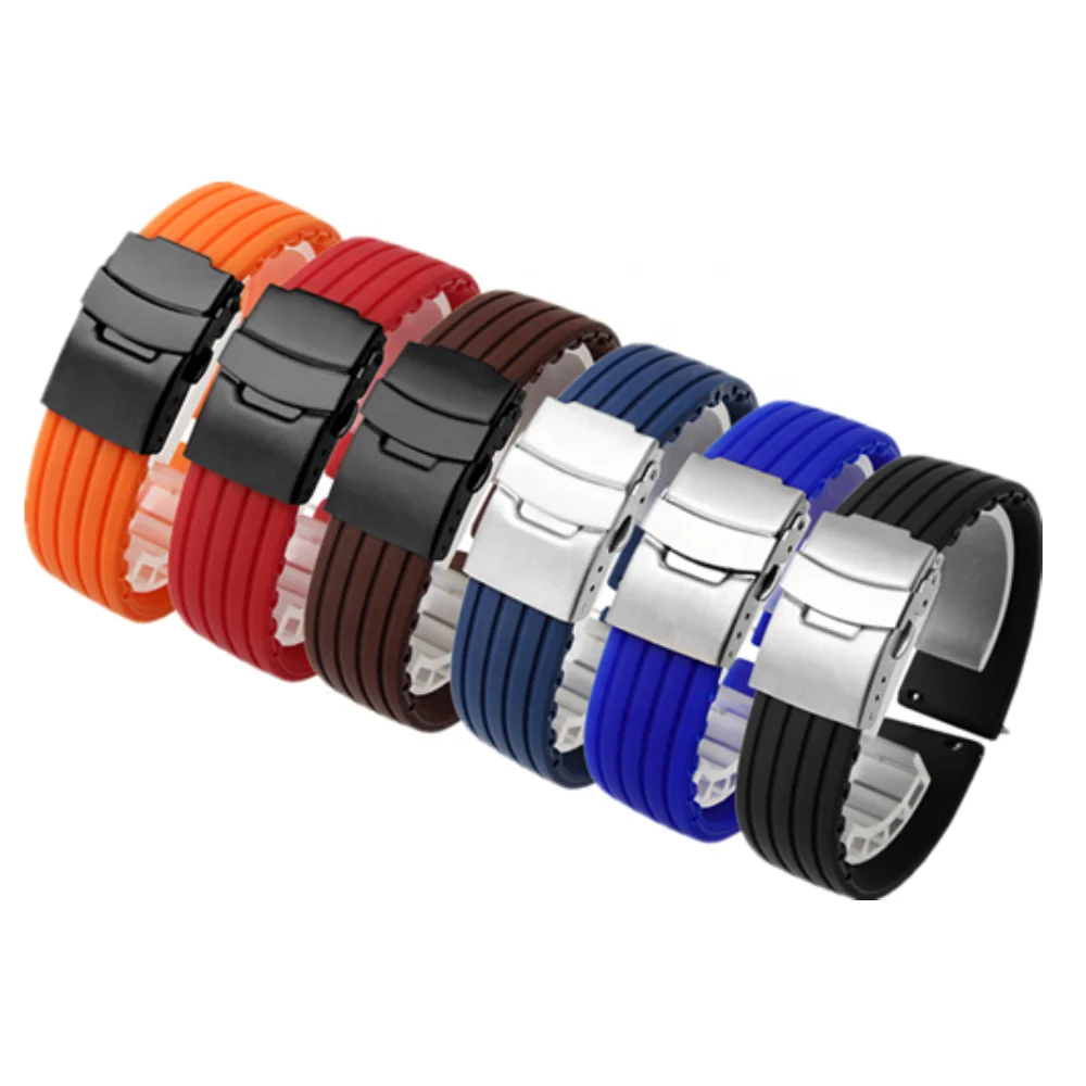 

Have stock stainless steel deployment buckle soft Black Blue Orange silicone rubber watch band strap, Black/orange/navy