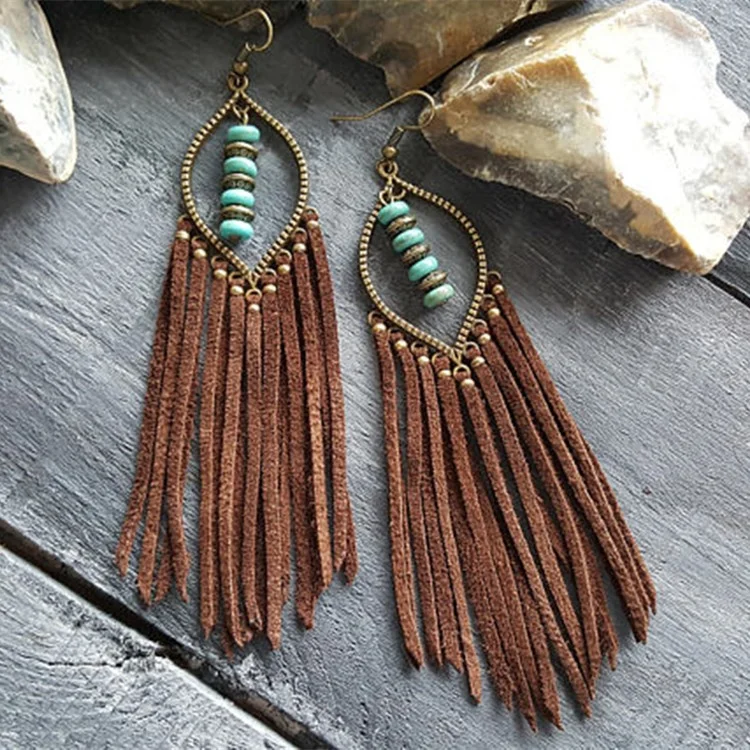 Bohemian style women bronze metal turquoise bead with brown statement tassel leather earrings for women