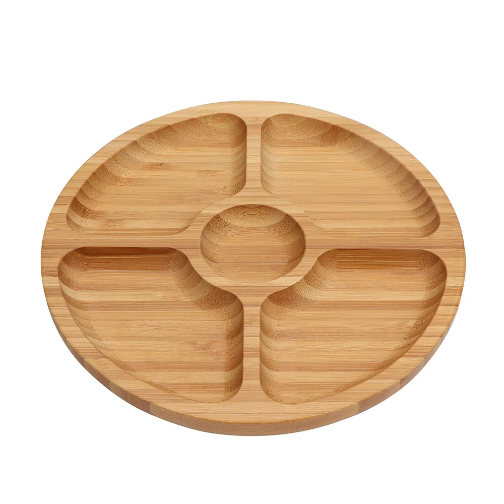 

Wooden Petal Shape Round Dinner Dessert Plate Dried Fruit Service Tray Dish Bamboo Baby Plate Set, Natural color