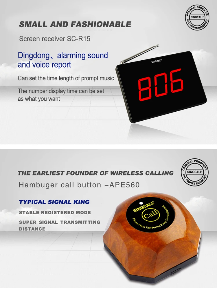 Singcall Service Buzzer Restaurant Bell Wireless Waiter Call System