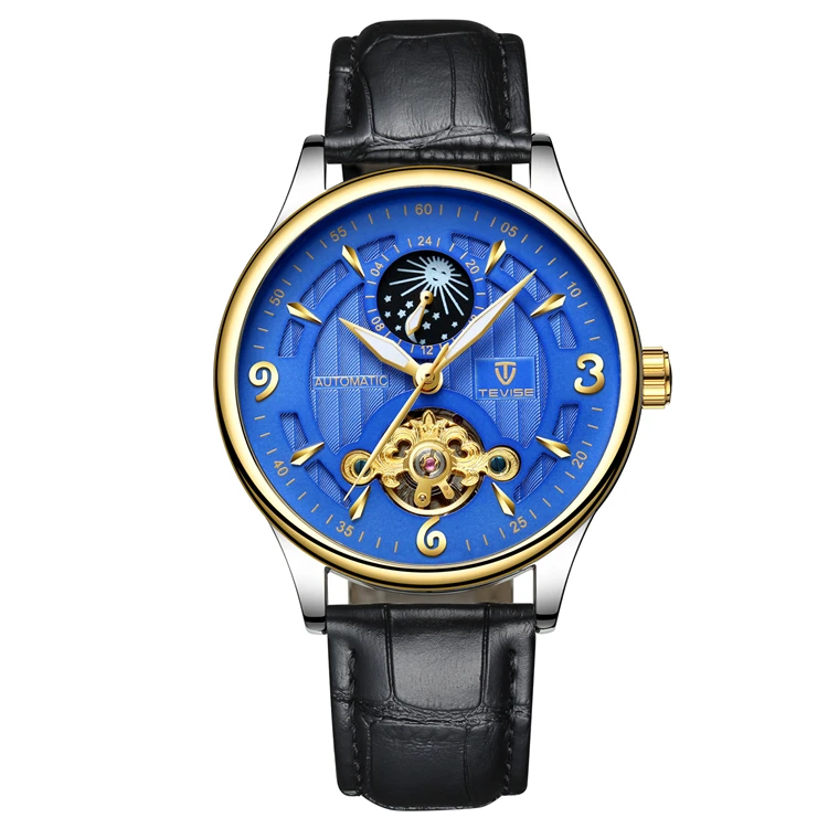 

TEVISE T820 Automatic Mechanical Tourbillon Watch Men Leather Business Casual Self Wind Wristwatches Moon Phase Luminous Relogio