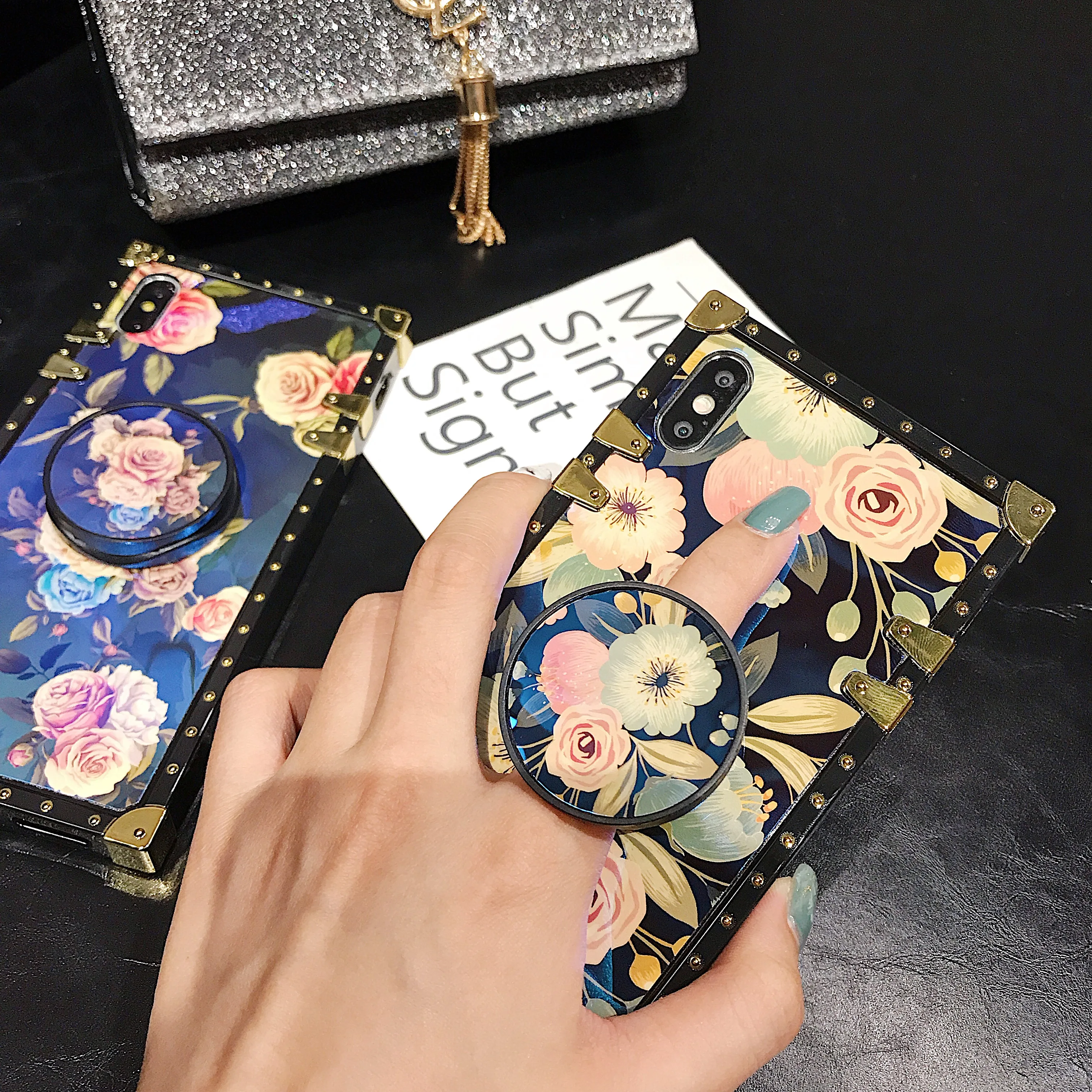 

blue color phone case for samsung A10 A30 A50 A70 A80 Square Flower Painting Phone Case with holder For huawei Y6 Y7 Y9 2019 P30