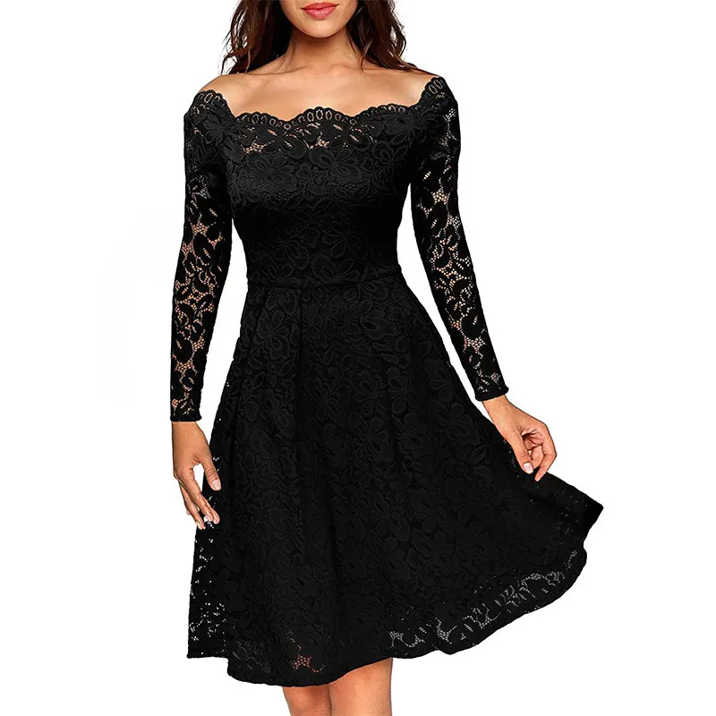 

4 Colors Plus Size Long Sleeve Floral Lace Boat Neck Cocktail Swing Dress L36155, Purple;blue;red;black