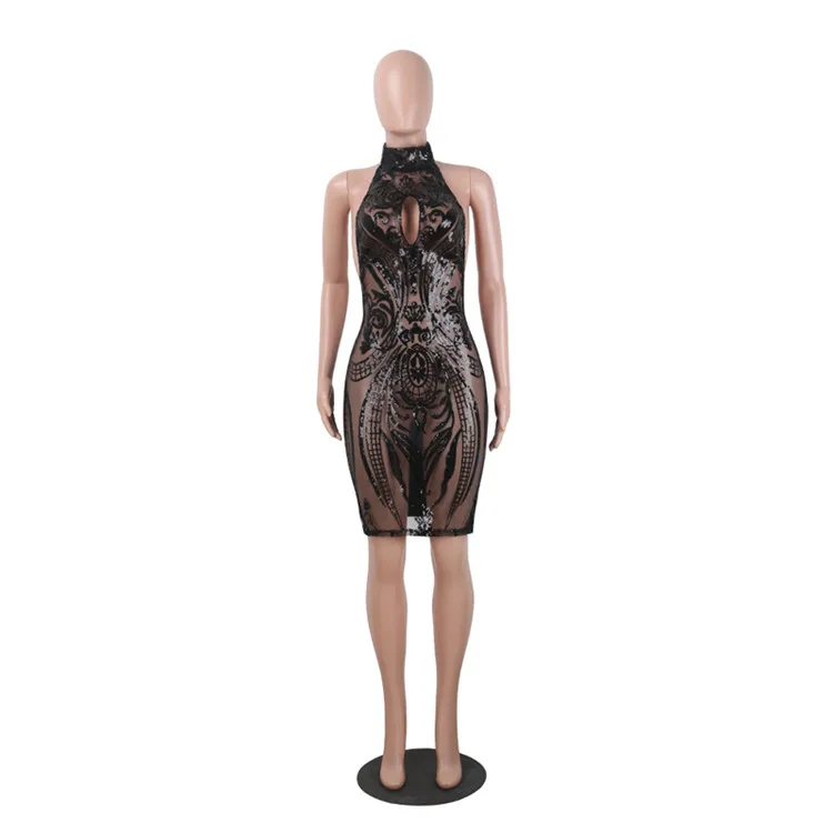 SAK8380 mesh gauze sequined backless transparent sexy black night club wear dress for women