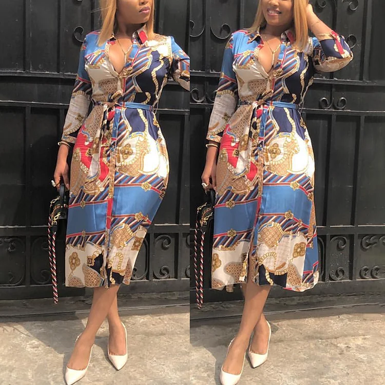 

New Fashion Long Sleeve Lace-Up Printed Stand Collar African Dashiki Summer Dresses, Shown