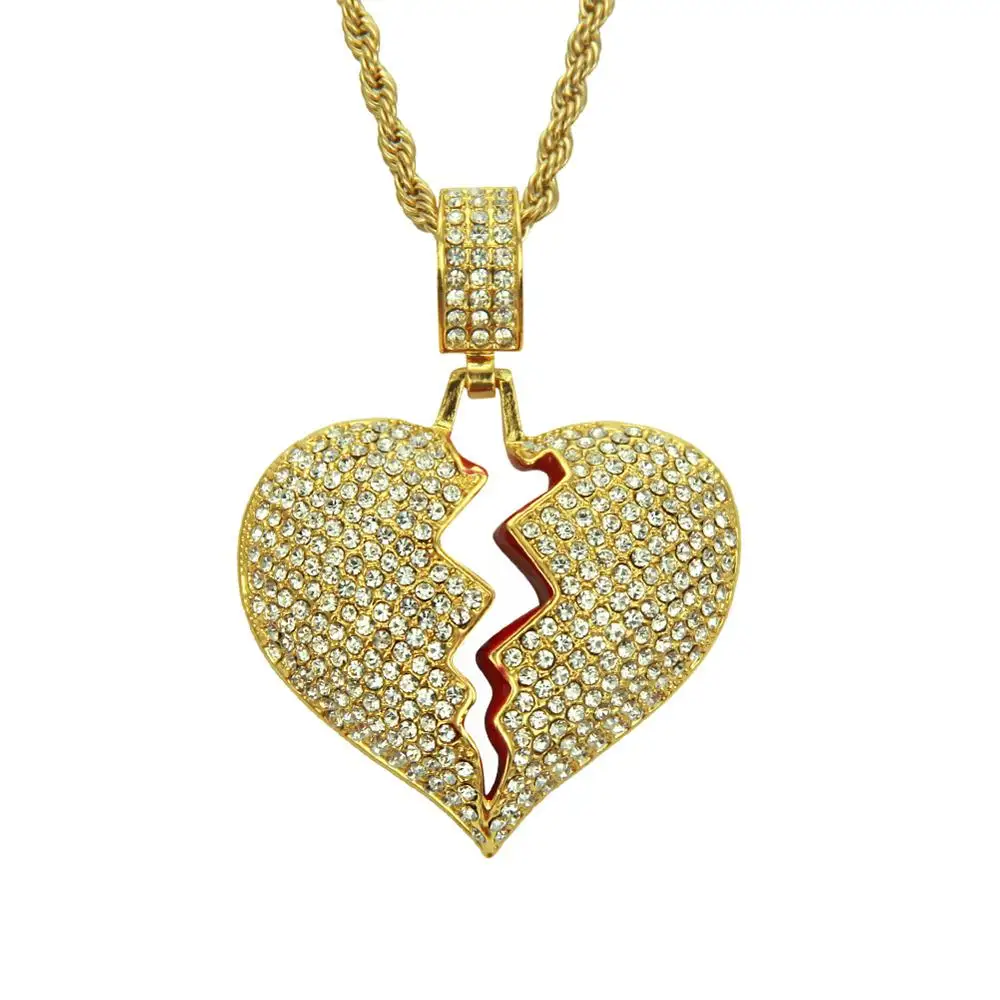 

European Hotselling Men's Hips Hops 24inch Pave Crystal Iced Out Broken Heart Pendant Necklace, Gold;silver