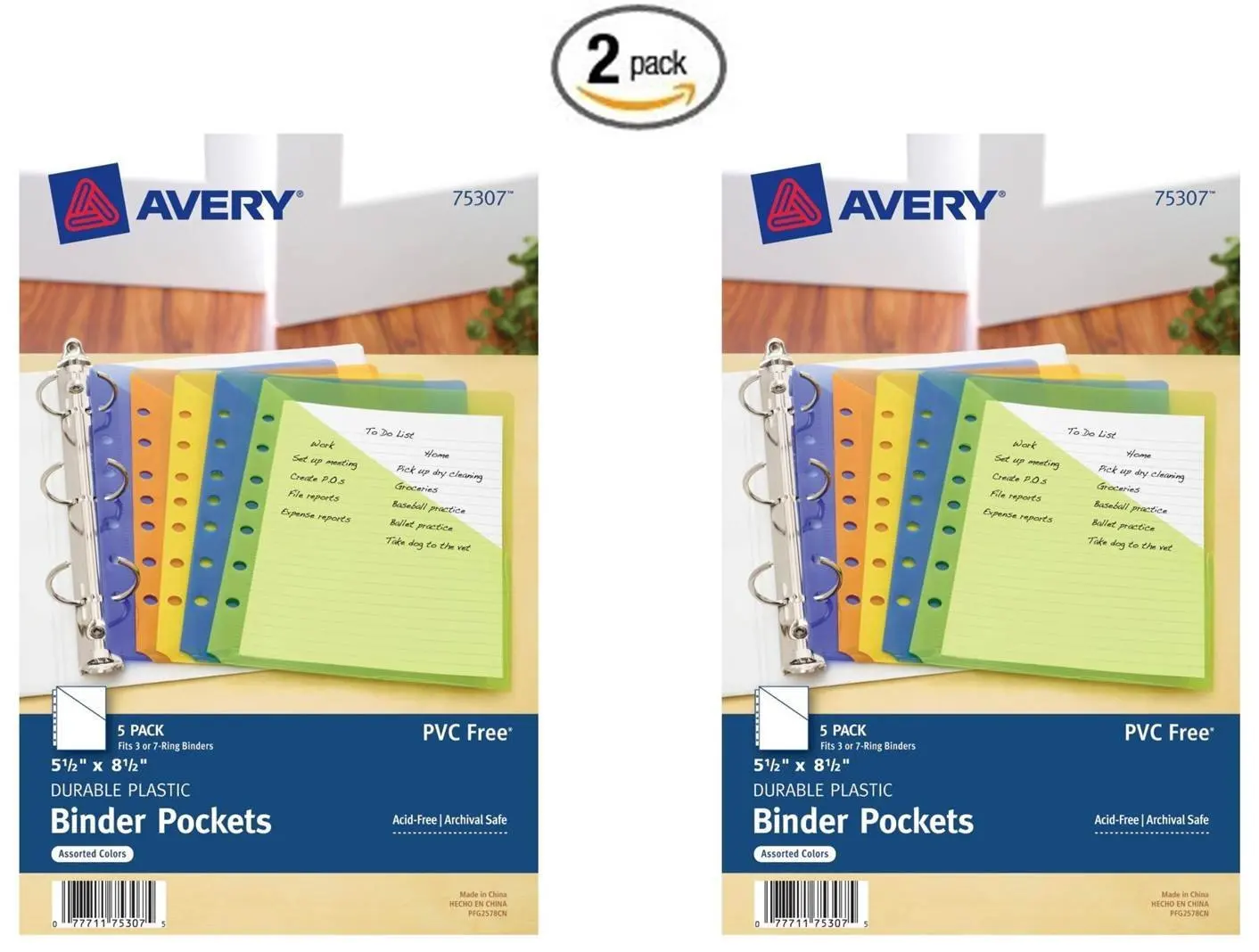 Avery Mini Binder Pockets, Fits 3-Ring and 7-Ring Binders, Assorted, Pack of 5 (75307) (2 Pack)