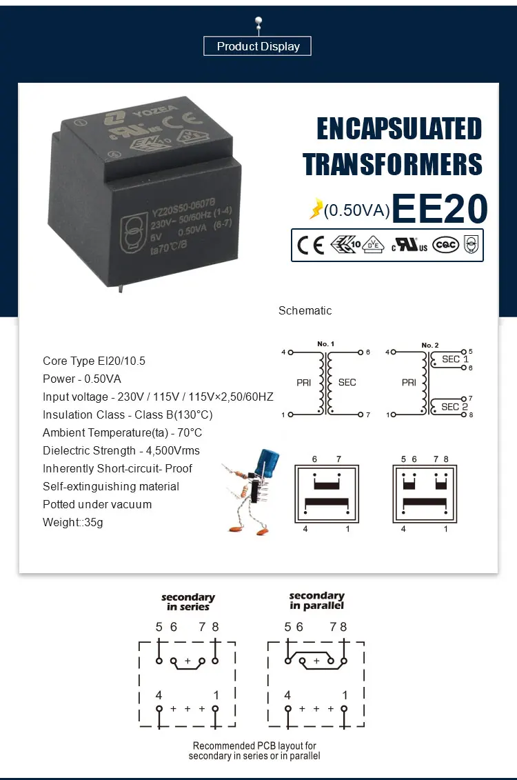 EE20/10.5 , 0.50VA CE ROHS UL VDE output 6v Encapsulated PCB Transformers