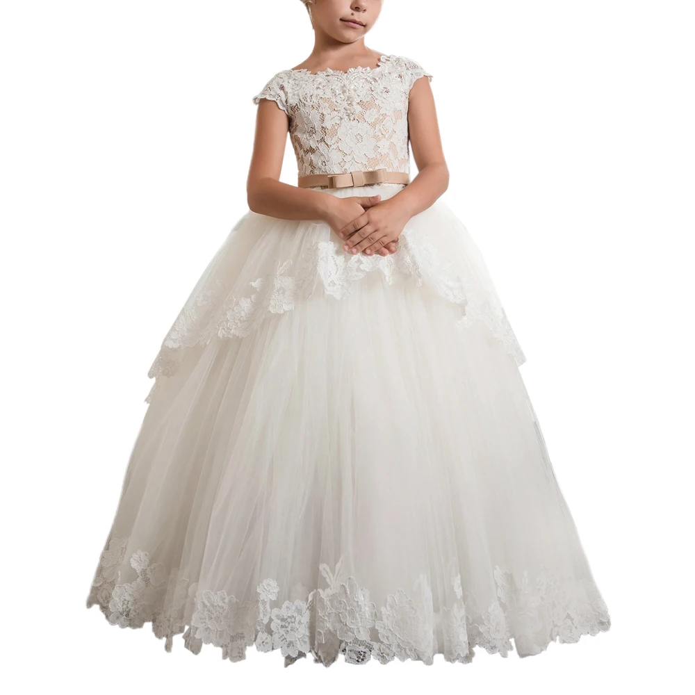 

2-12 years lace girls party dresses long first communion dress long latest flower girls dresses, White;picture color