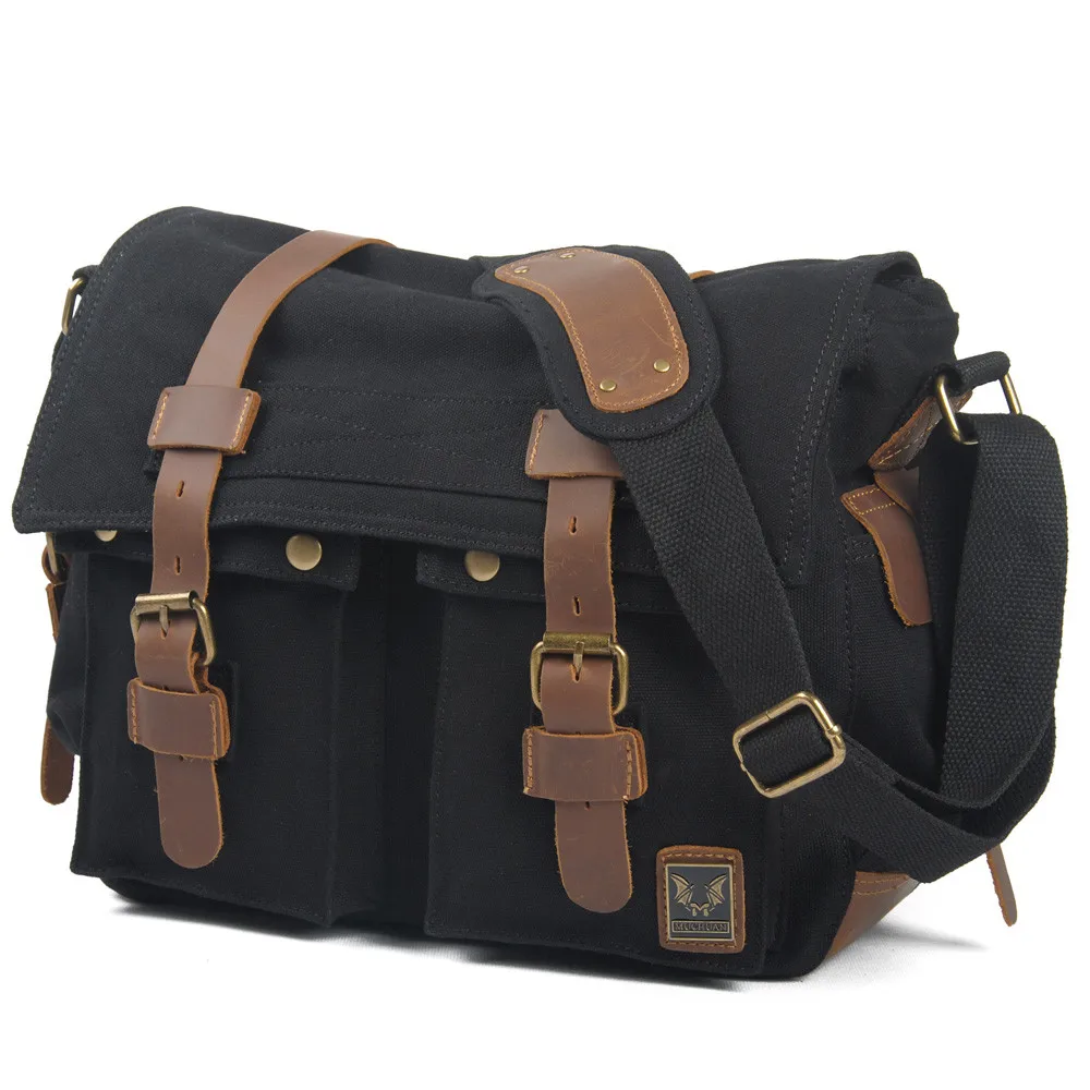 

Wholesale price Retro Canvas Messenger Bag With Genuine Leather Unisex Casual Shoulder Bag, Black, army green, blue, khaki yellow, light brown, gray